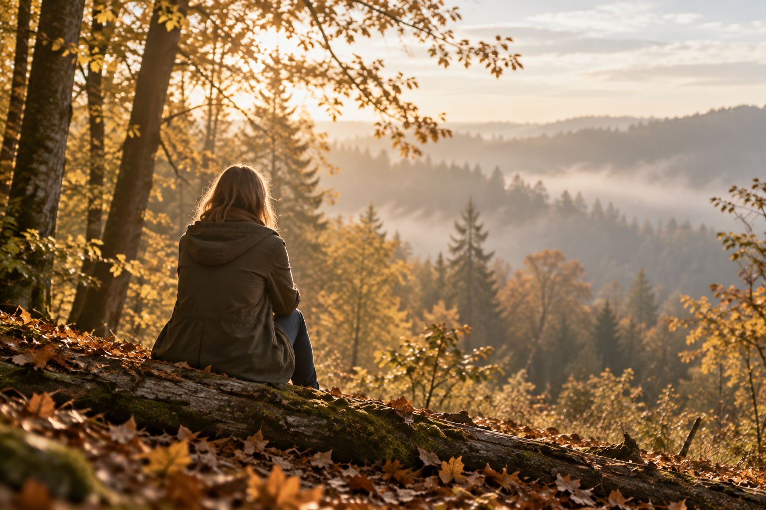 Frau sitzt auf einem Berg und schaut in die Weite
